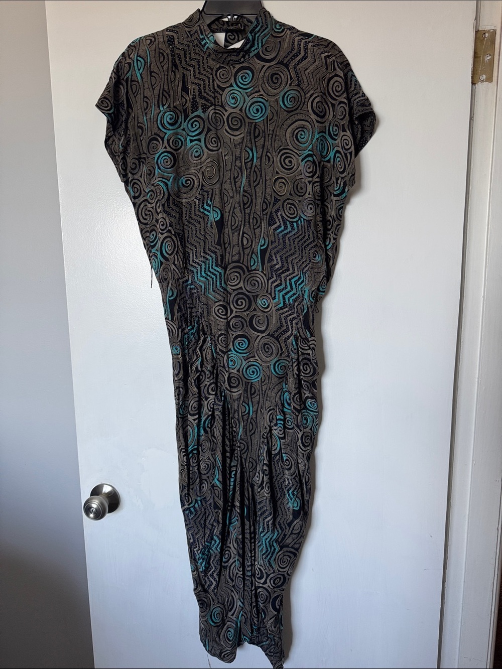 VTG 90s Michelle Stuart Black Grey Teal Geometric Swirl Midi Dress Size 8
